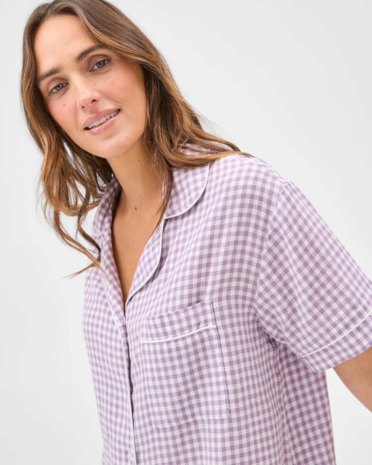 Linen Blend 7/8 Length Pyjama Set - Purple gingham 4 of 6