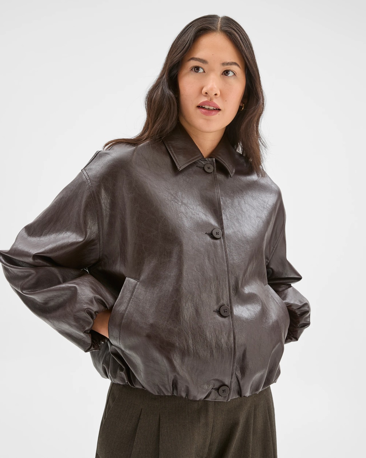 Preview PU Bubble Hem Bomber Jacket 2 of 5