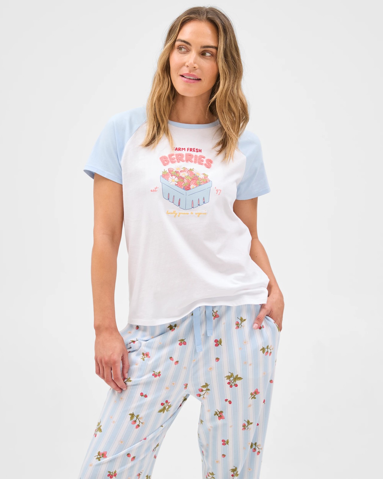 Australian Cotton 7/8 Length Jersey Sleep Pants - Strawberry Blue 5 of 6