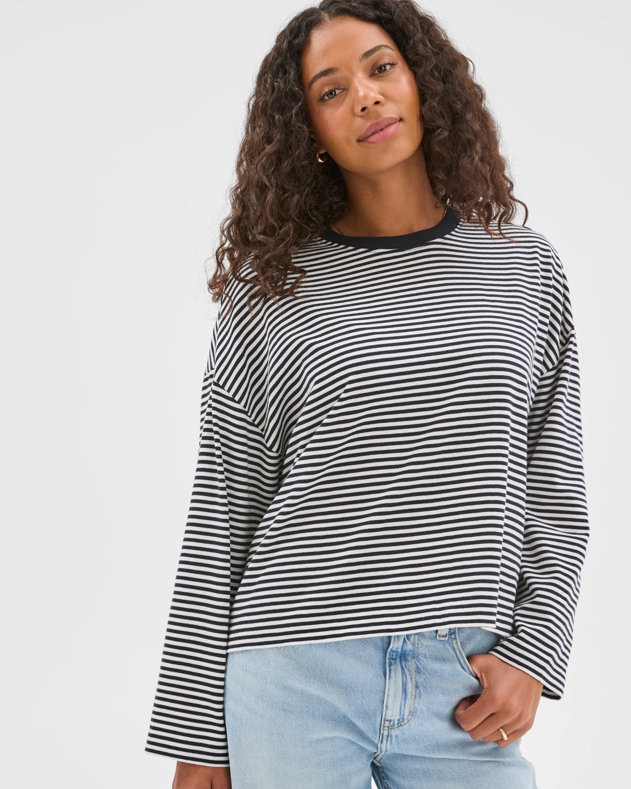 Australian Cotton Long Sleeve Heavyweight Oversized T-Shirt - Black / White Stripe 4 of 5