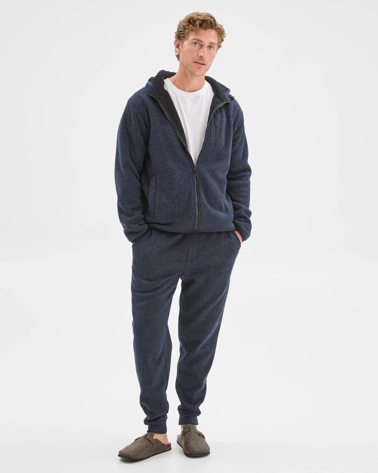 Teddy Lined Zip Through Fleece Hoodie - Navy Marle 2 of 5