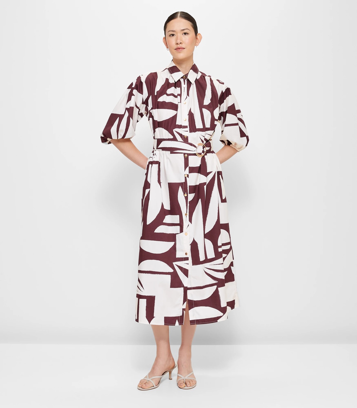 Gathered Detail Belted Shirt Dress - Preview - Large Geo Print