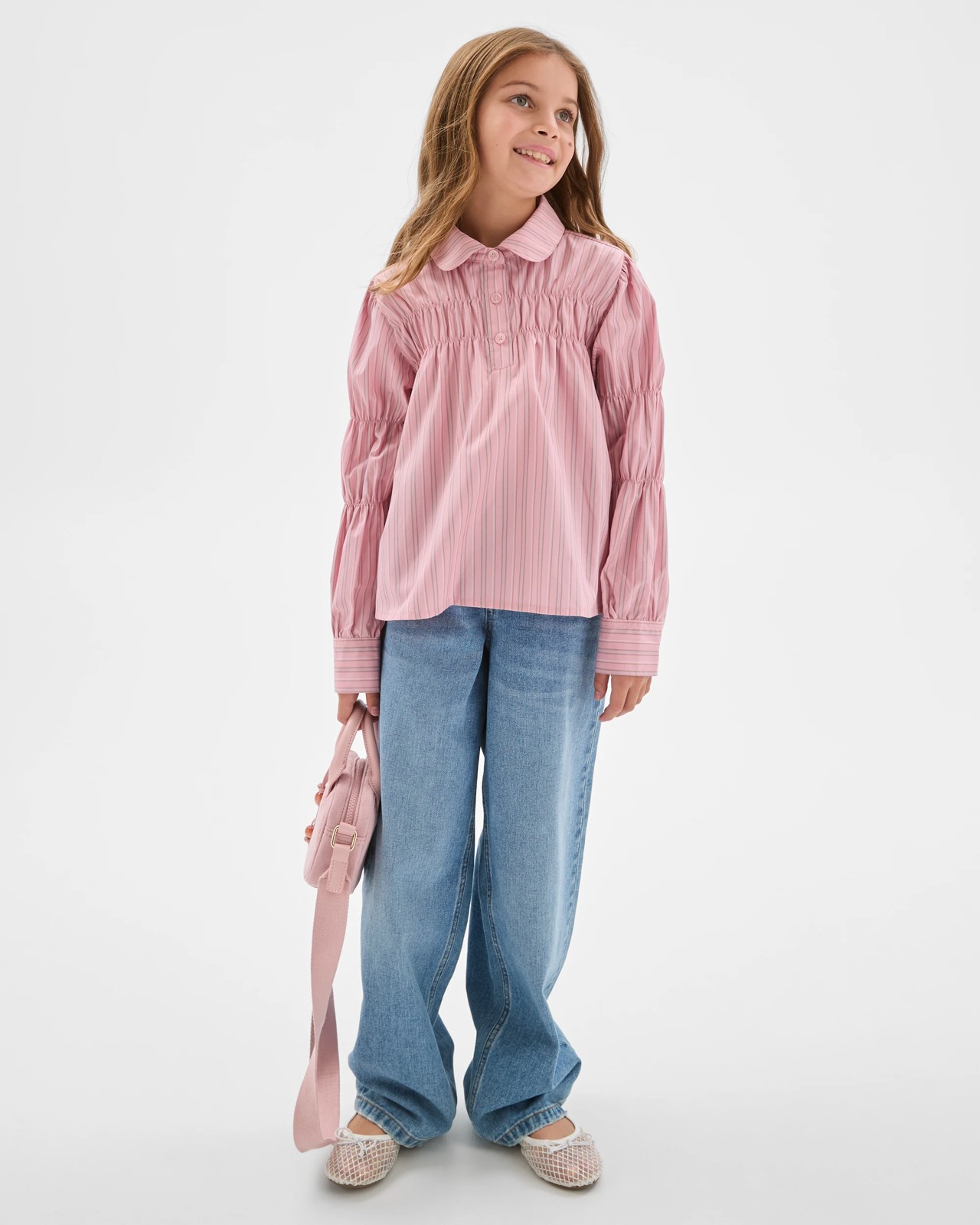 Long Sleeve Ruched Pinstripe Shirt - Pink 2 of 6