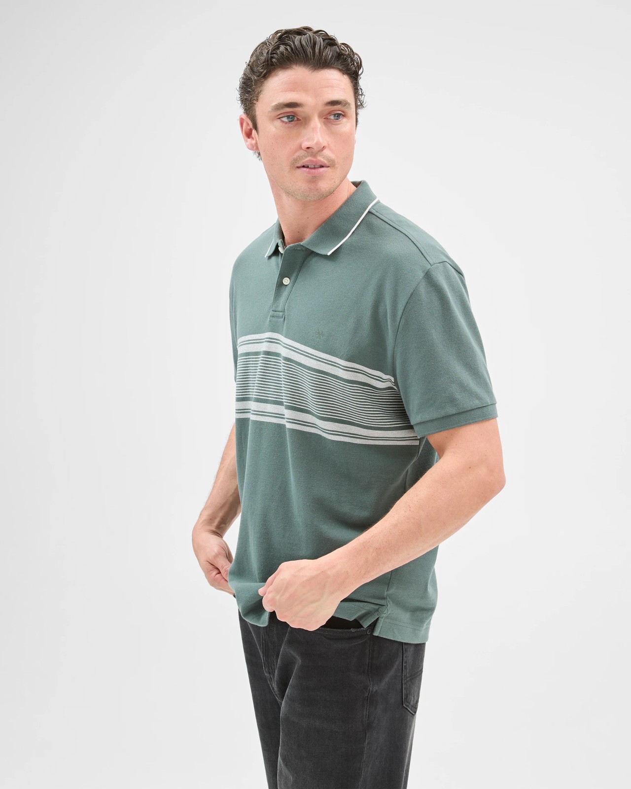 Australian Cotton Panelled Polo Top - Balsam Green 4 of 6