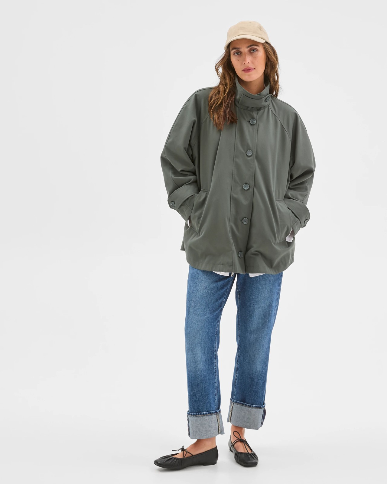 Longline Funnel Neck Coat - Coal Green 2 of 5