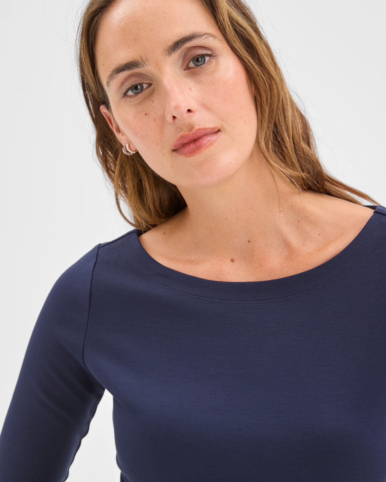 Preview 3/4 Sleeve Boat Neck Ponte T-Shirt - Navy 5 of 5