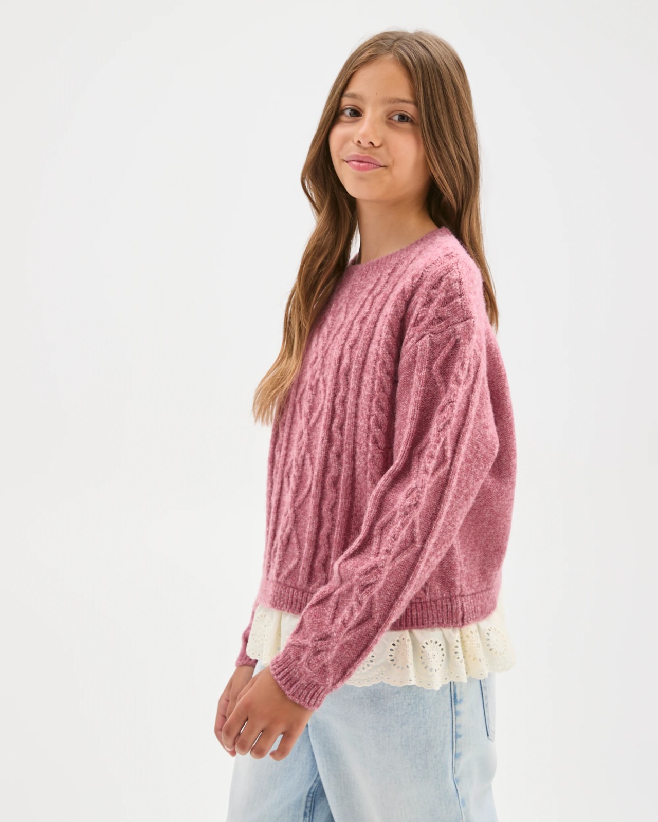 Cable Knit Lace Hem Sweater - Pink 5 of 5