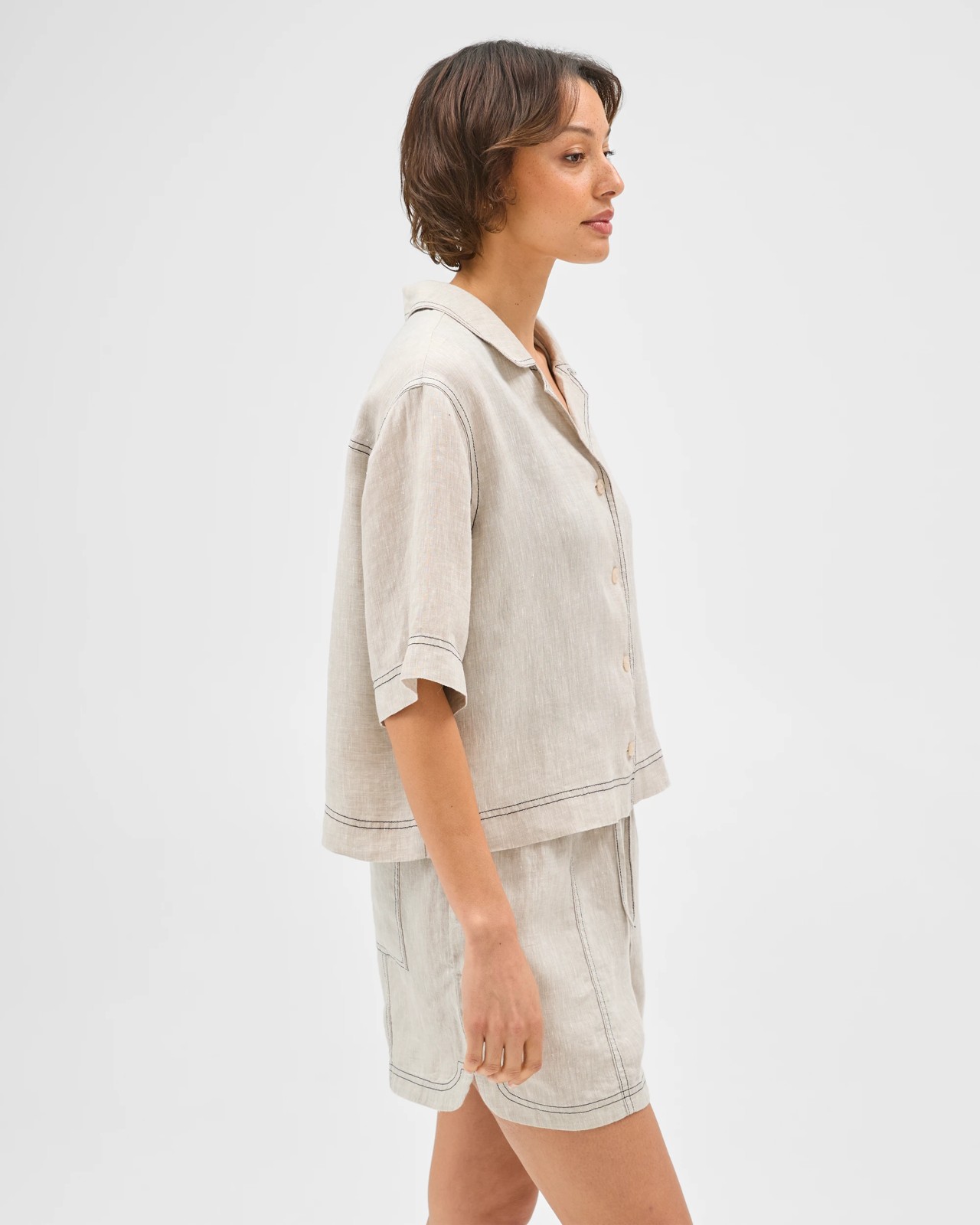 European Linen Short Sleeve Stitch Detail Shirt - Flax Xdye 5 of 5