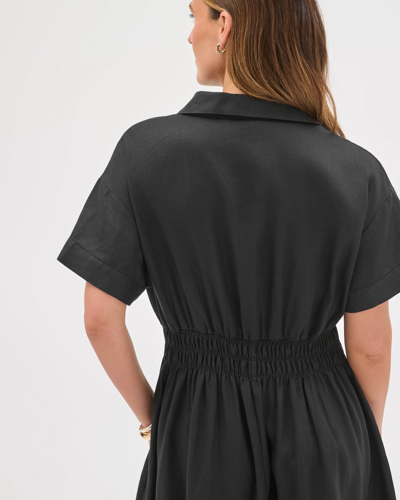 European Linen Shirred Waist Midi Dress - Black 5 of 6