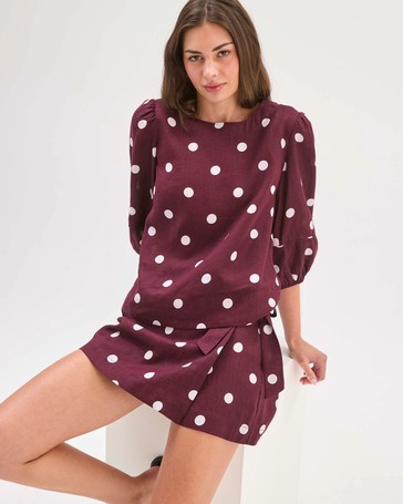 Petites European Linen 3/4 Sleeve Trim Detail Blouse