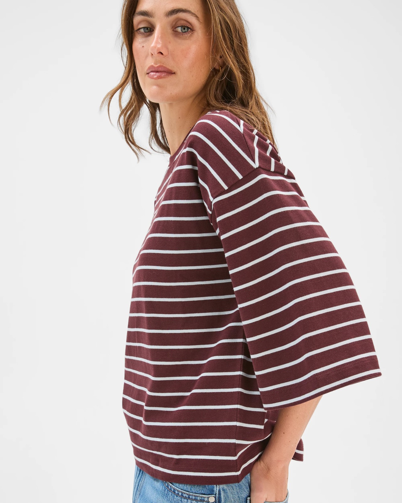 Australian Cotton 3/4 Length Wide Sleeve Boxy T-Shirt - Burgundy/Blue 5 of 5