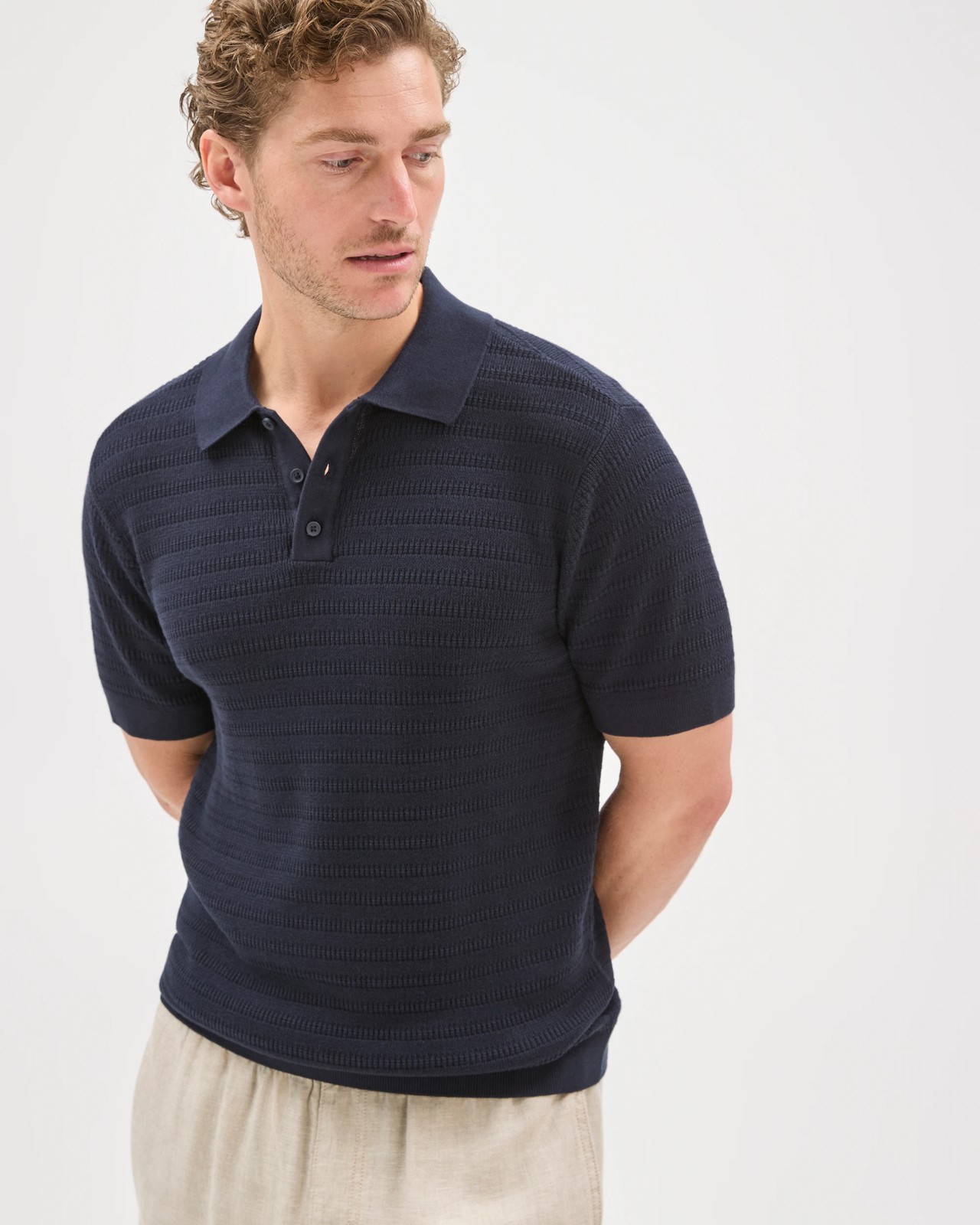 Australian Cotton Patterned Knit Polo Top - Navy 4 of 6