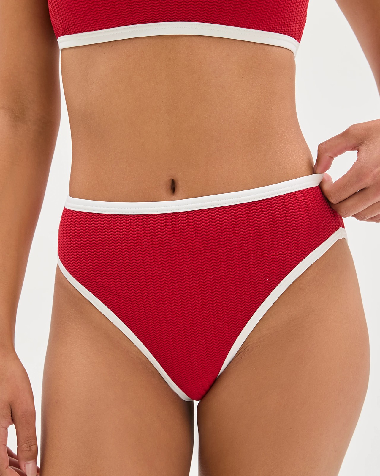 High Waisted High Cut Crinkle Bikini Briefs - Ruby/White 3 of 6