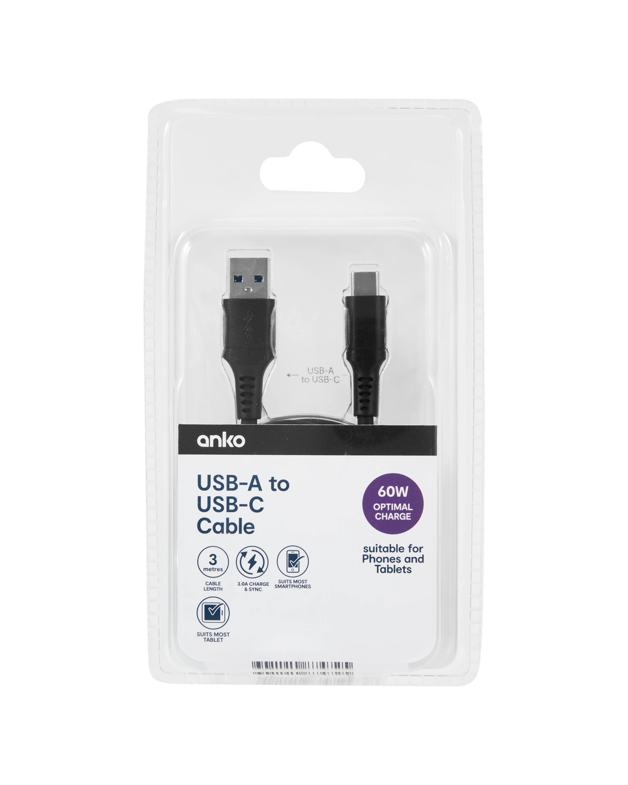 USB-A to USB-C Cable, 3m - Anko 3 of 4