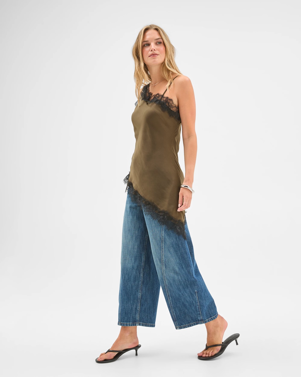 Lily Loves Lace Trim Asymmetrical Satin Cami - Deep Olive 3 of 5