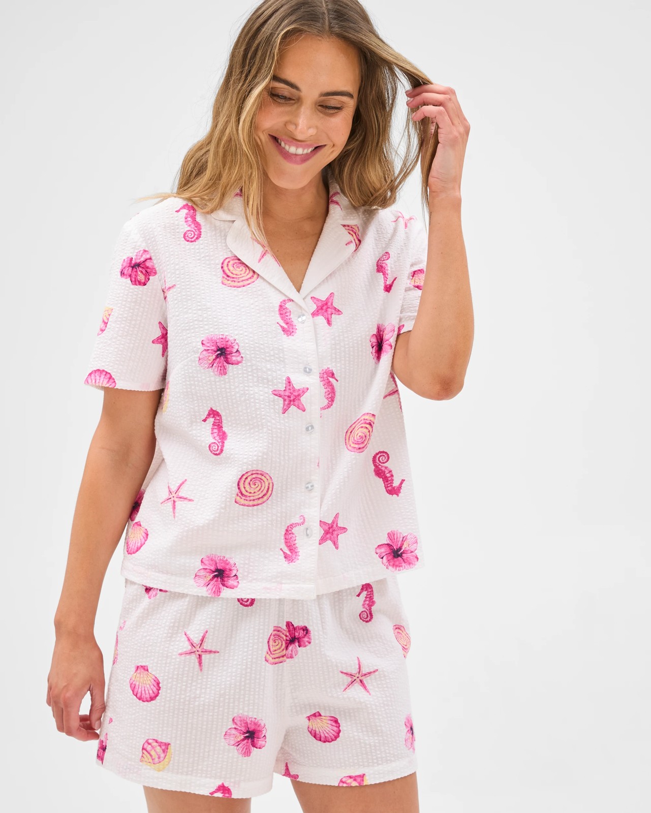 Cotton Seersucker Top & Shorts Pyjama Set - White Shells 5 of 5