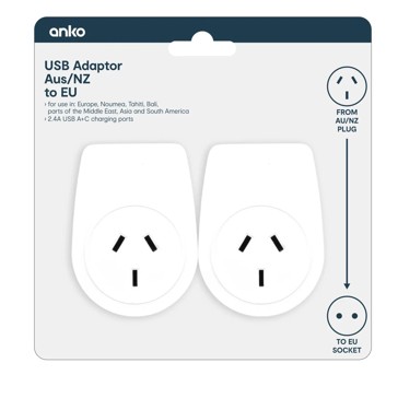 Anko USB Compact Travel Adaptor: Aus/NZ to EU - Twin Pack