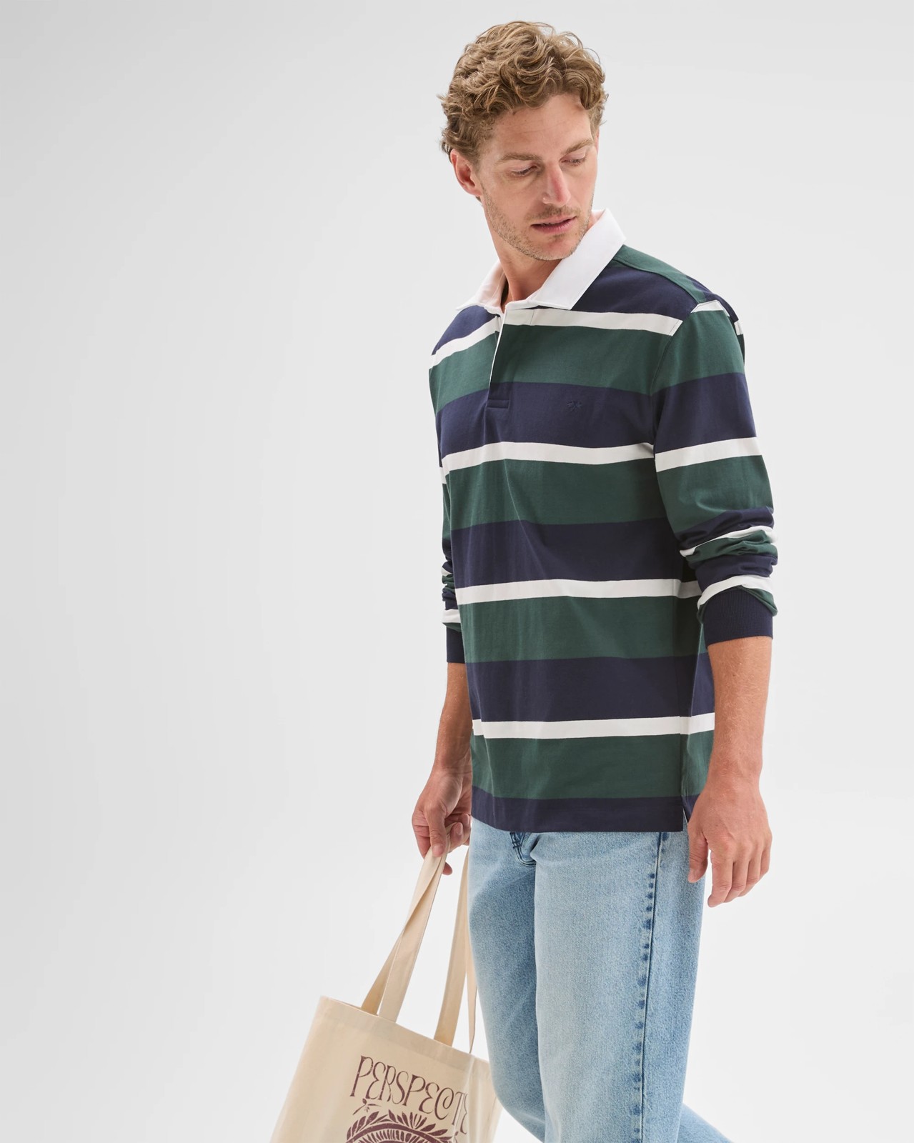 Australian Cotton Long Sleeve Rugby Polo Top - Navy Green Stripe 5 of 6