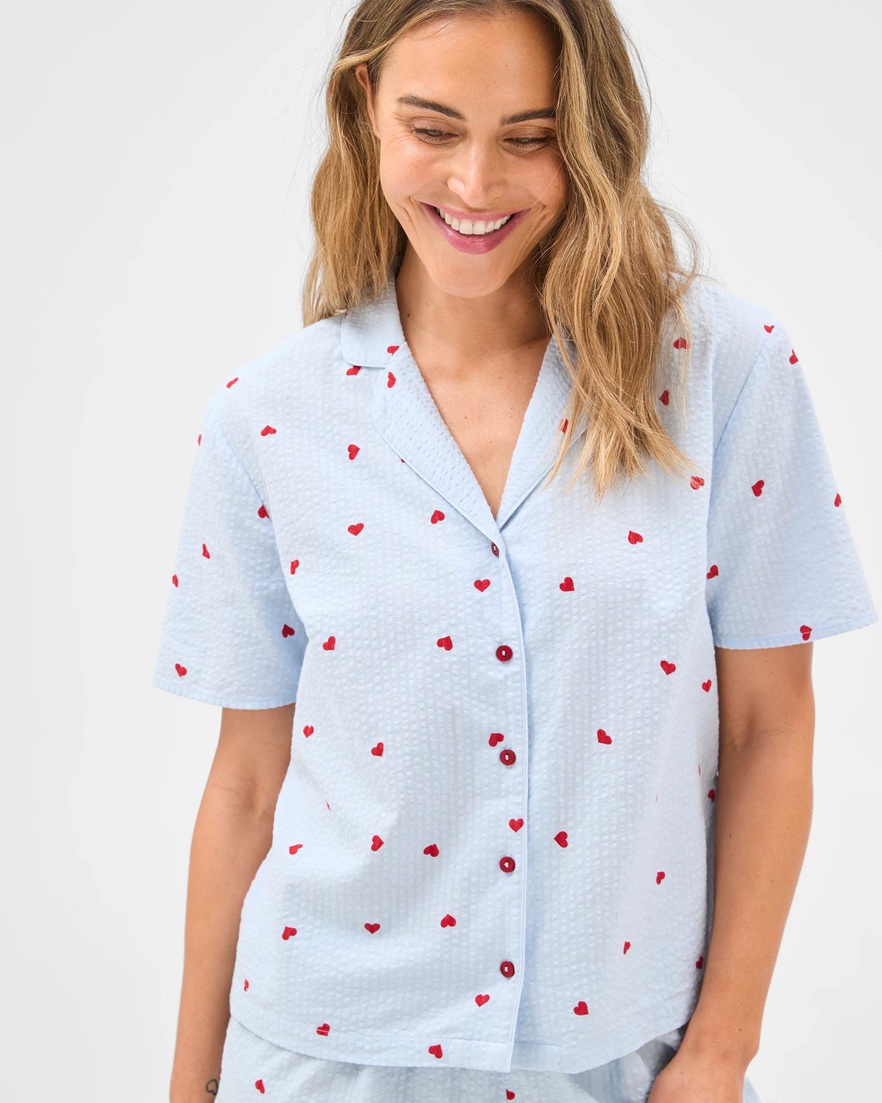 Cotton Seersucker Top & Shorts Pyjama Set - Blue Heart 3 of 5