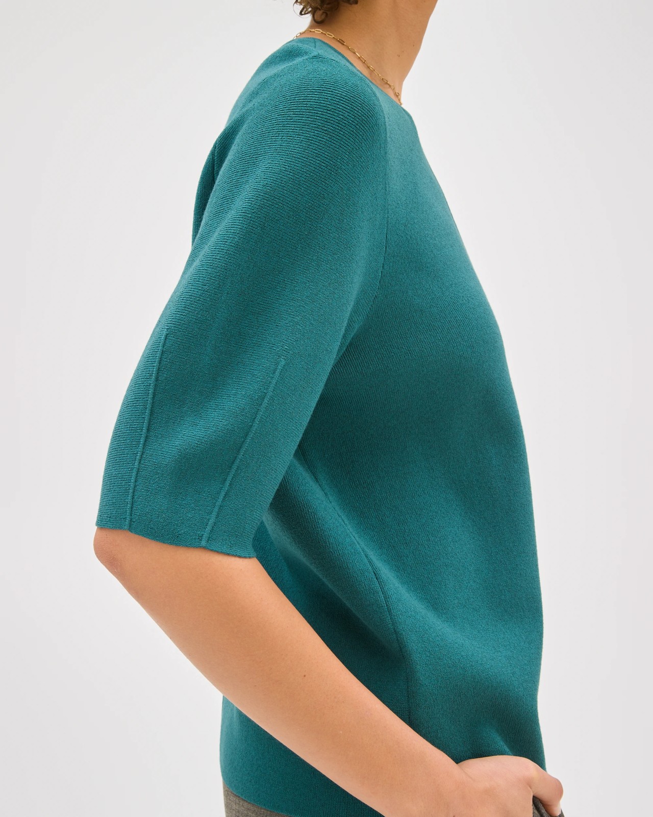 Preview Lantern Short Sleeve Crepe Knit Top - Peacock 5 of 6