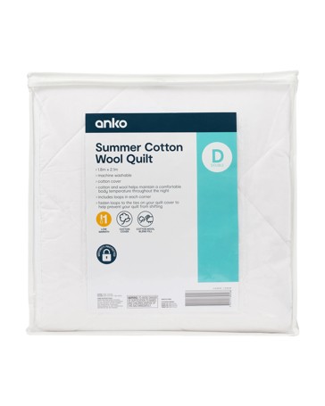 Anko Low Warmth Summer Cotton Wool Quilt, Double Bed - White
