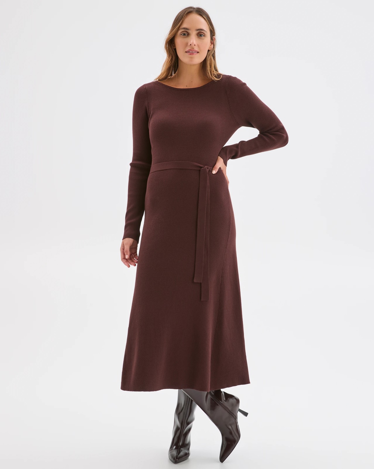 Preview Australian Cotton Blend Long Sleeve Knit Midi Dress - Dark Chocolate 3 of 5
