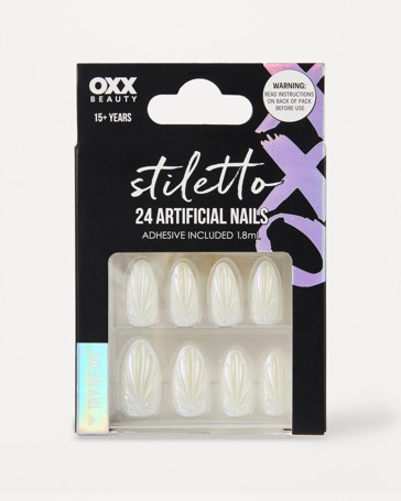 OXX Beauty 24 Pack Artificial Nails with Adhesive, Stiletto Shape - 3D Shell