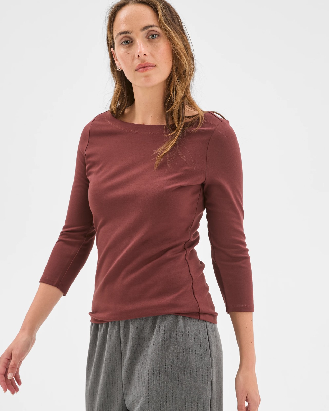 Preview 3/4 Sleeve Boat Neck Ponte T-Shirt - Dark Chocolate 4 of 5