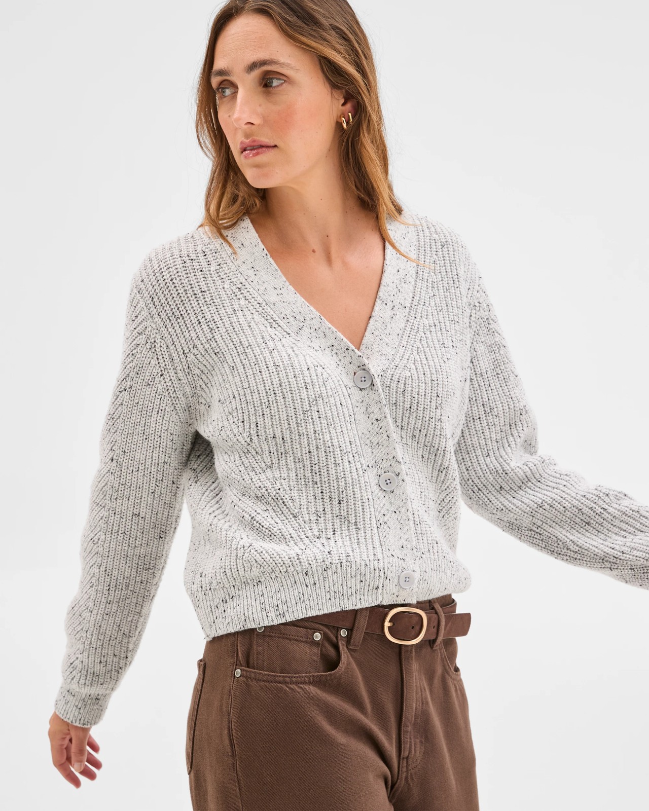 Australian Cotton Blend V-Neck Knit Cardigan - Light Grey 3 of 5