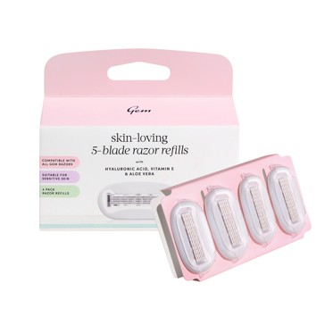 Gem 4 Pack Skin-Loving 5-Blade Razor Refills - Hyaluronic Acid, Aloe Vera and Vitamin E