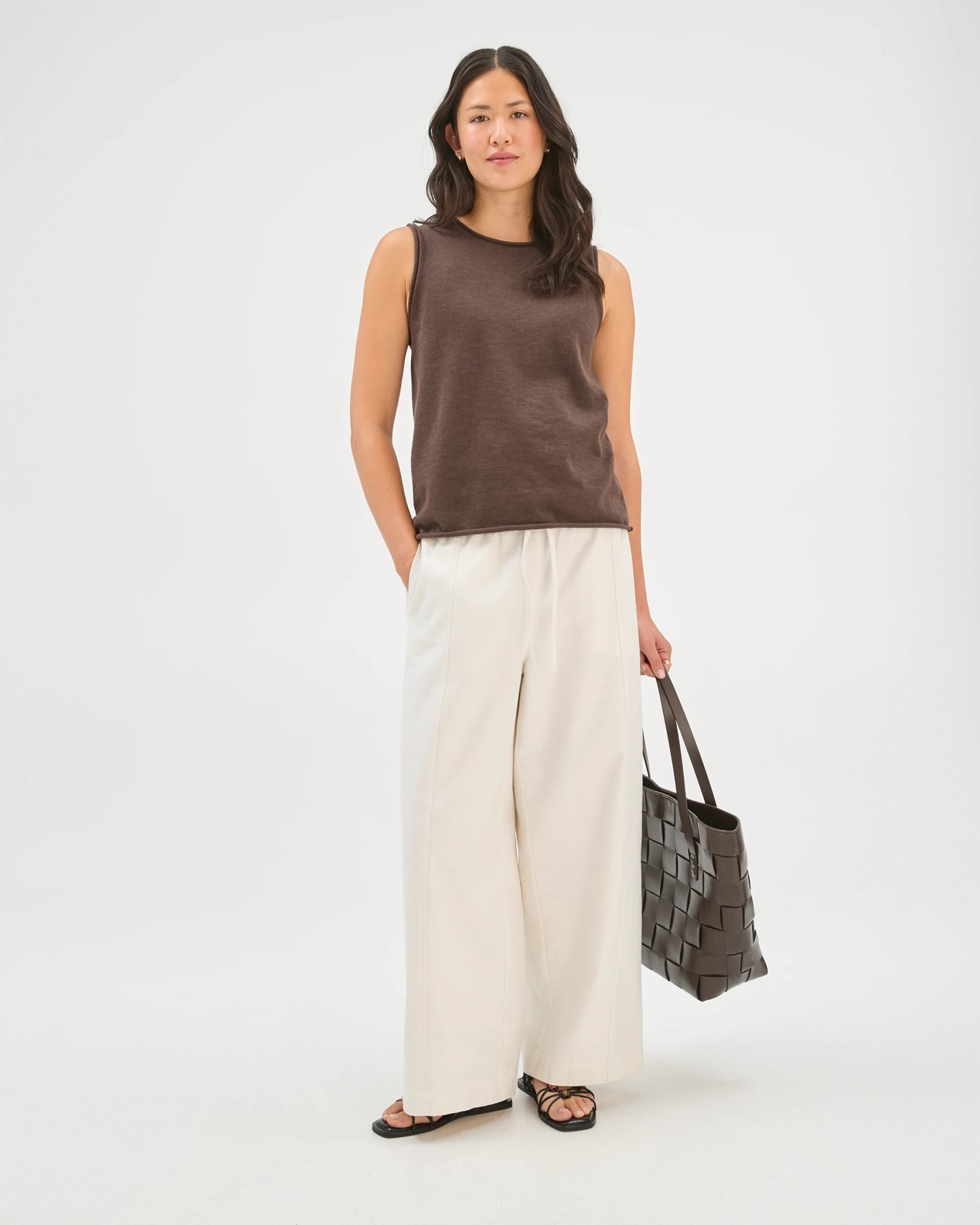 Australian Cotton Blend Rolled Edge Knitted Tank Top - Coffee 2 of 6