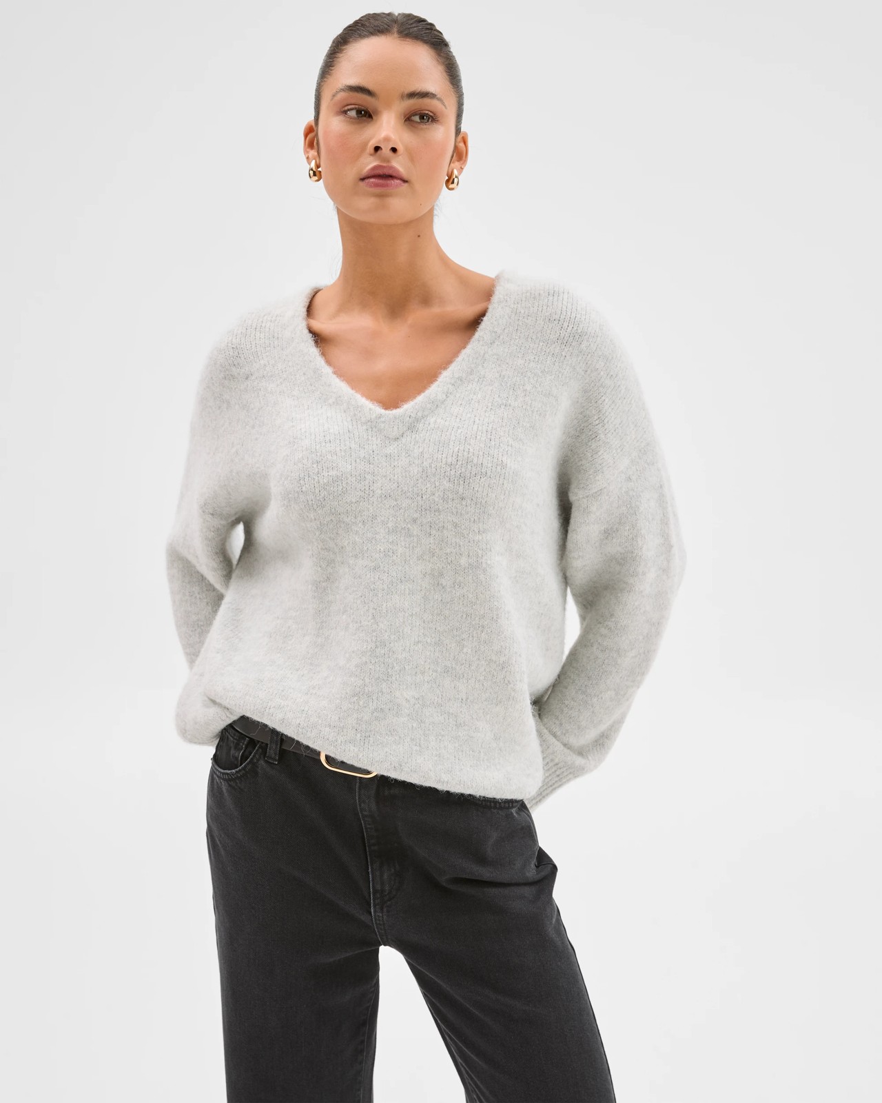 Lily Loves V-Neck Fluffy Knit Jumper - Silver Marle 4 of 6