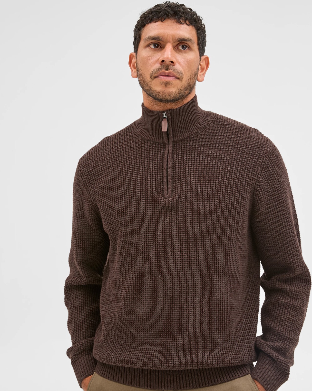 Australian Cotton Midweight 1/2 Zip Knit Sweater - Chocolate 4 of 6