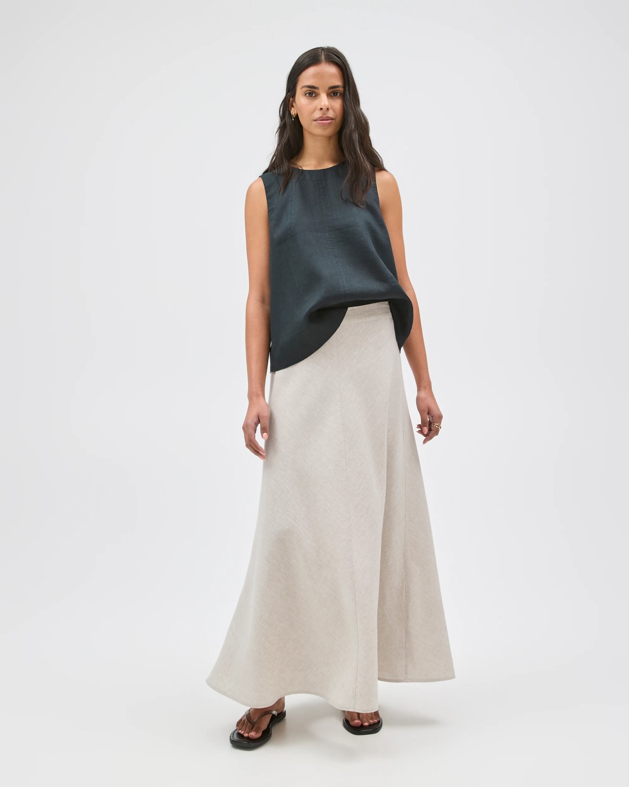 European Linen Seam Detail Midi Skirt - Flax 2 of 5
