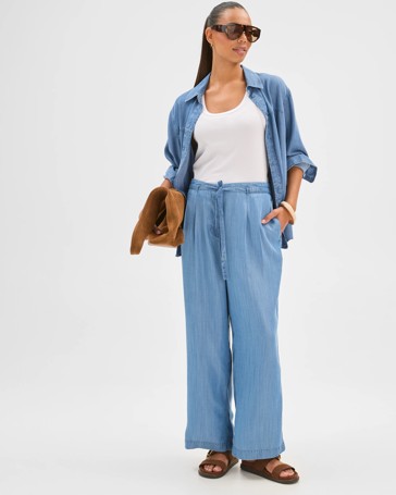 Straight Leg Tie Chambray Pants
