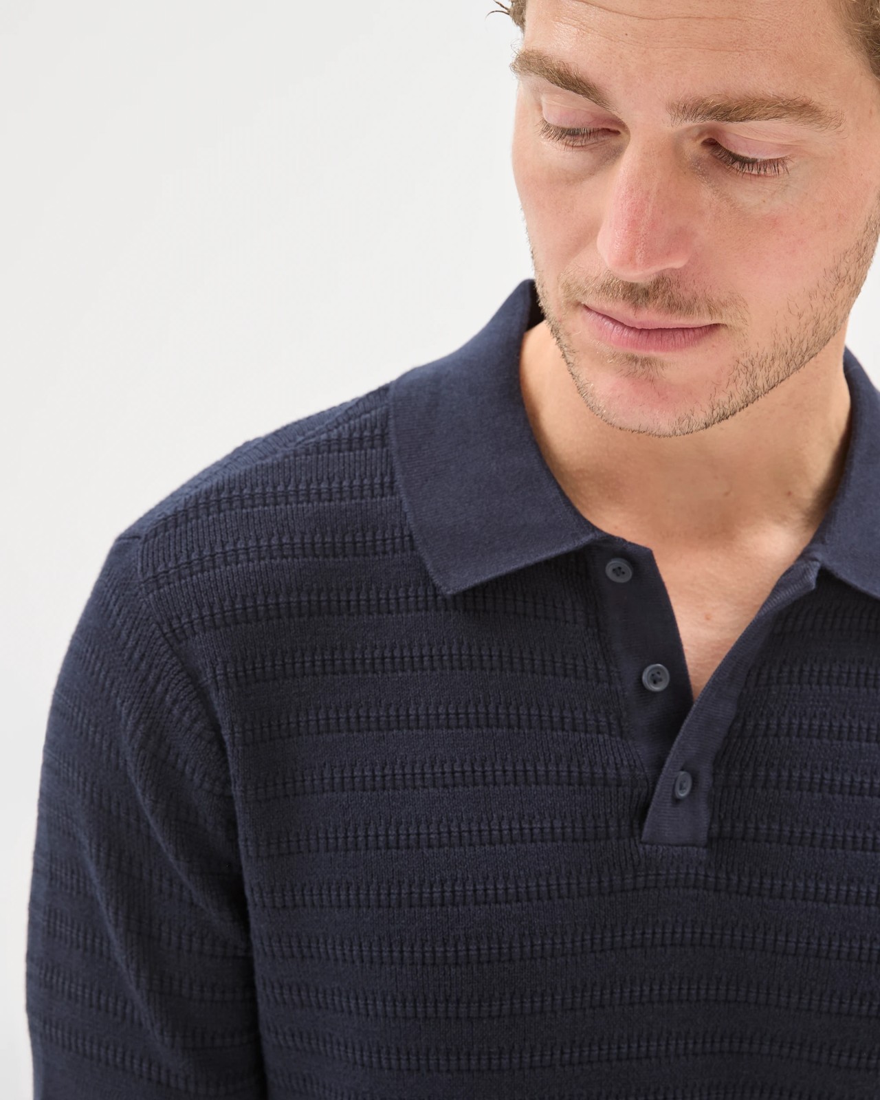 Australian Cotton Patterned Knit Polo Top - Navy 5 of 6