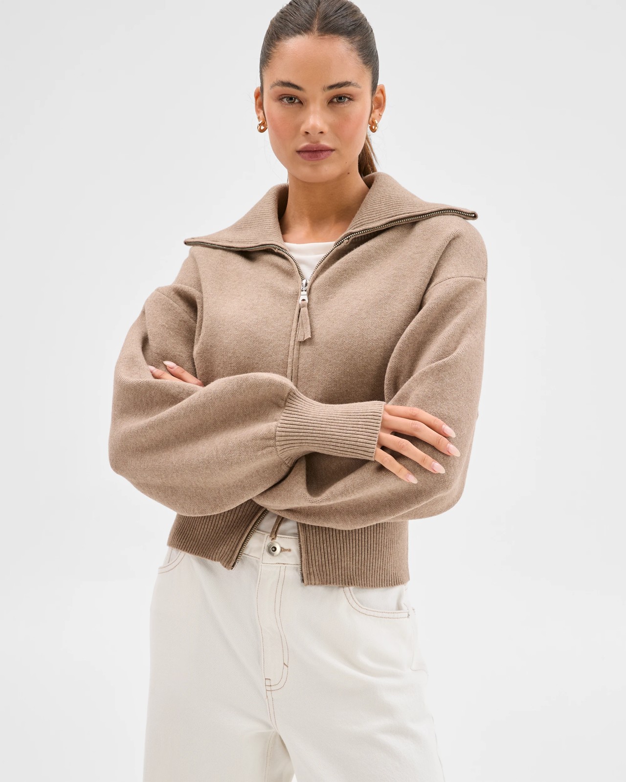 Lily Loves Long Cocoon Sleeve Zip Through Cardigan - Cocoa 3 of 5