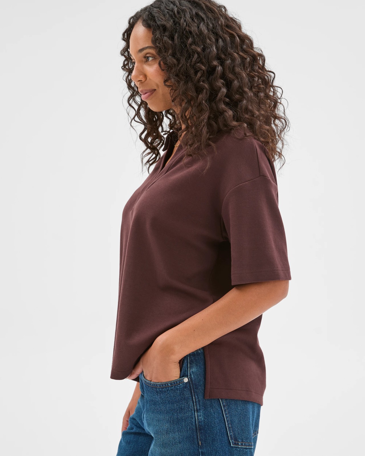 Australian Cotton Blend Interlock Polo Neck T-Shirt - Chocolate Plum 5 of 5