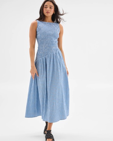 Australian Cotton Gingham Shirred Midi Dress - Lily Loves