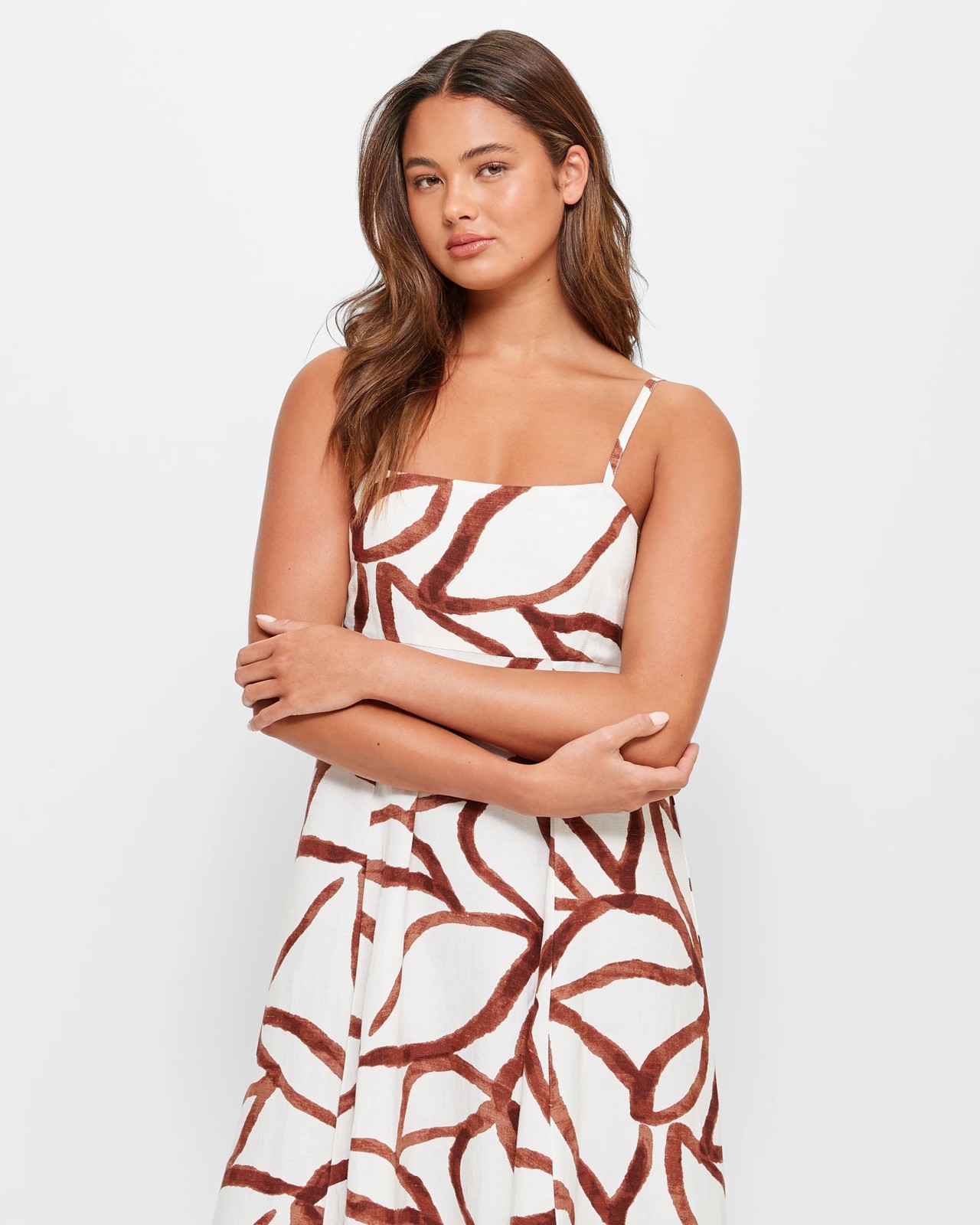 Linen Blend Strappy Babydoll Midi Dress - Lily Loves - Paint Lines