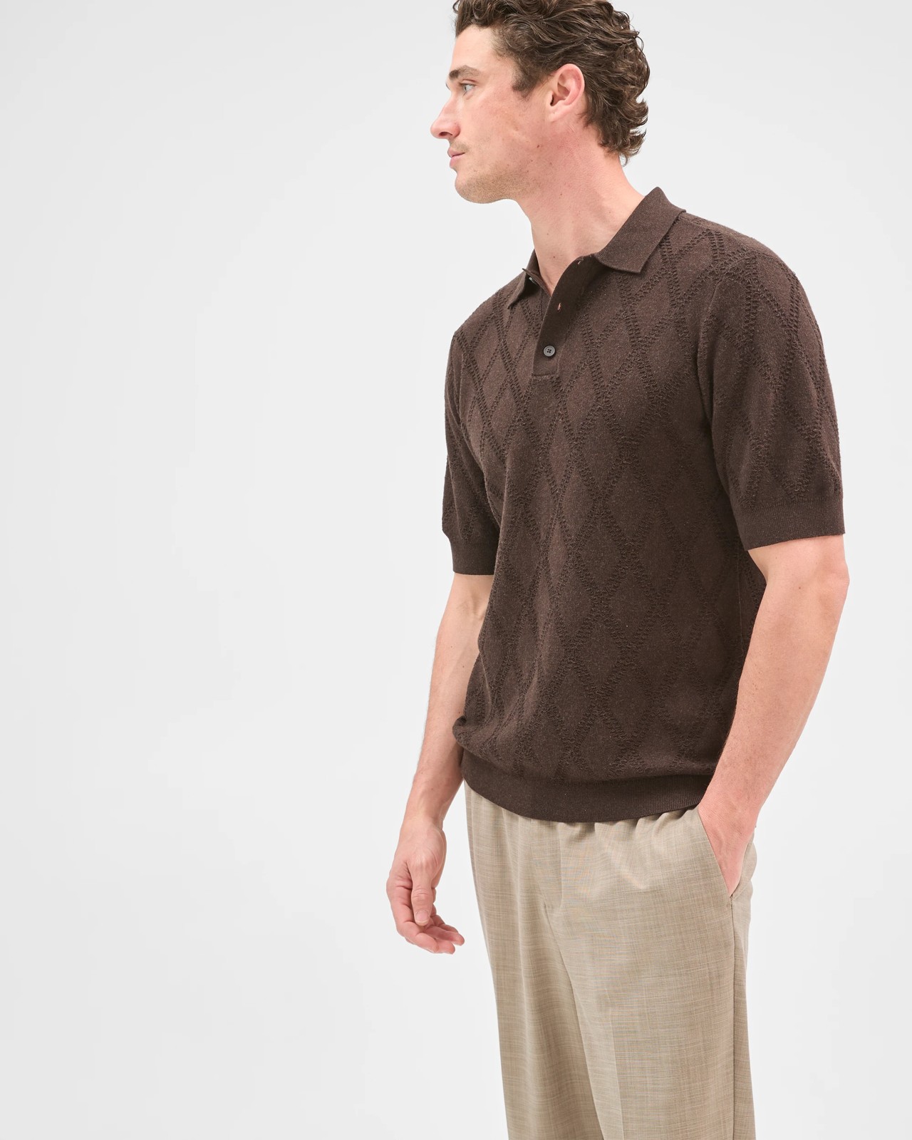 Preview Australian Cotton Jacquard Knit Polo Top - Chocolate 5 of 6
