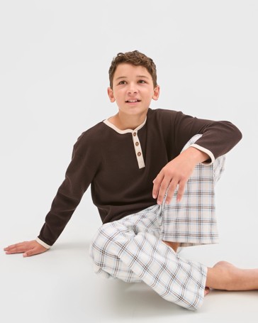 Australian Cotton Older Boys Henley Top and Flannel Pants Pyjama Set