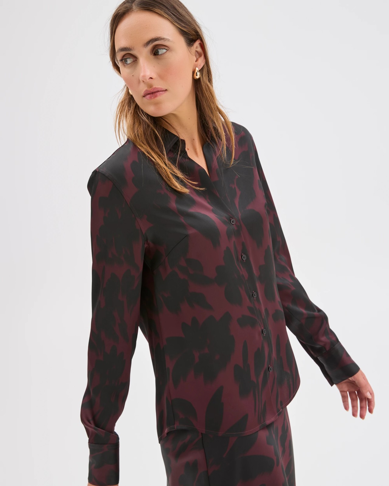 Preview Satin Long Sleeve Button Up Shirt - Floral Blur 2 of 5