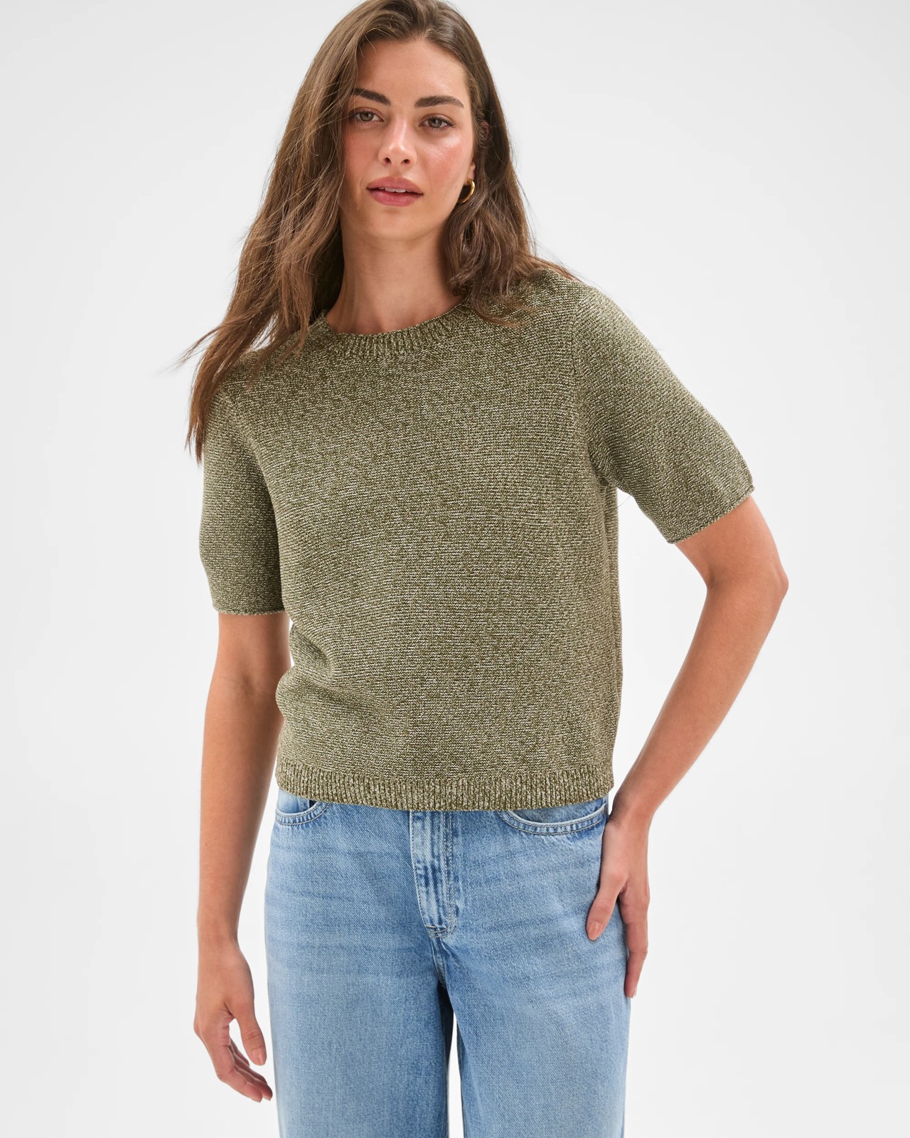 Petites Australian Cotton Blend Ottoman Twist Knit Top - Dusty Moss/Pale Oat 4 of 6
