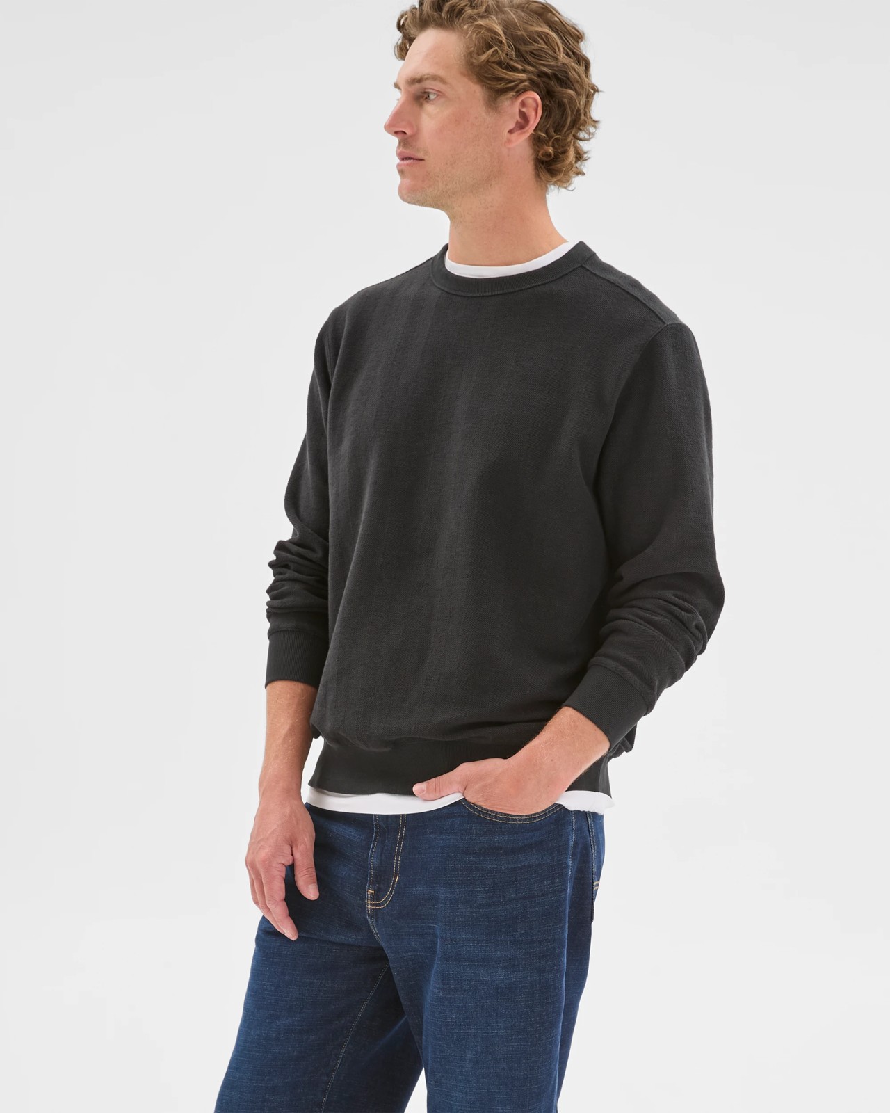 Australian Cotton Herringbone Long Sleeve Crew Neck Fleece Top - Black 4 of 6
