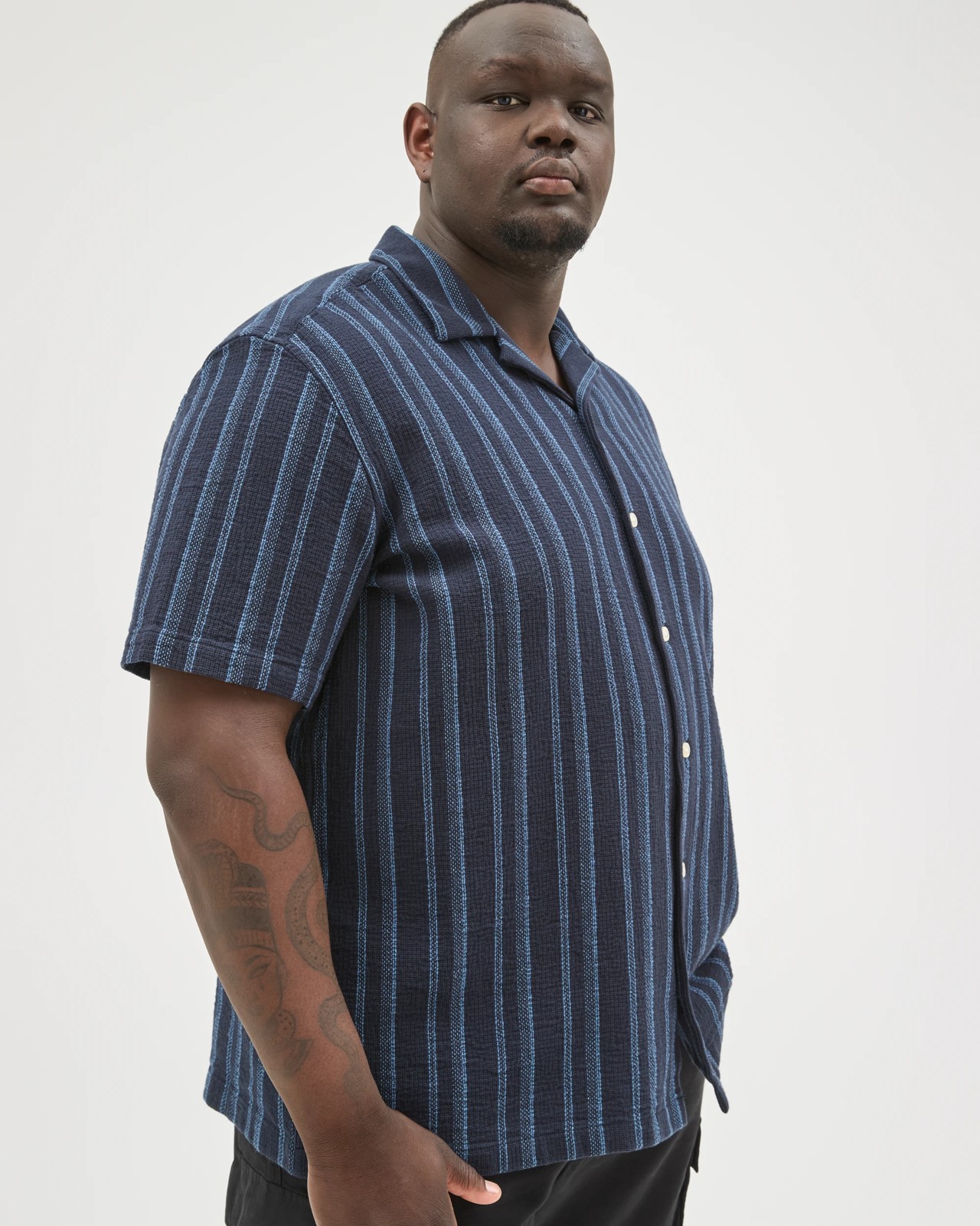 Plus Size Australian Cotton Short Sleeve Textured Stripe Shirt - Blue 5 of 5