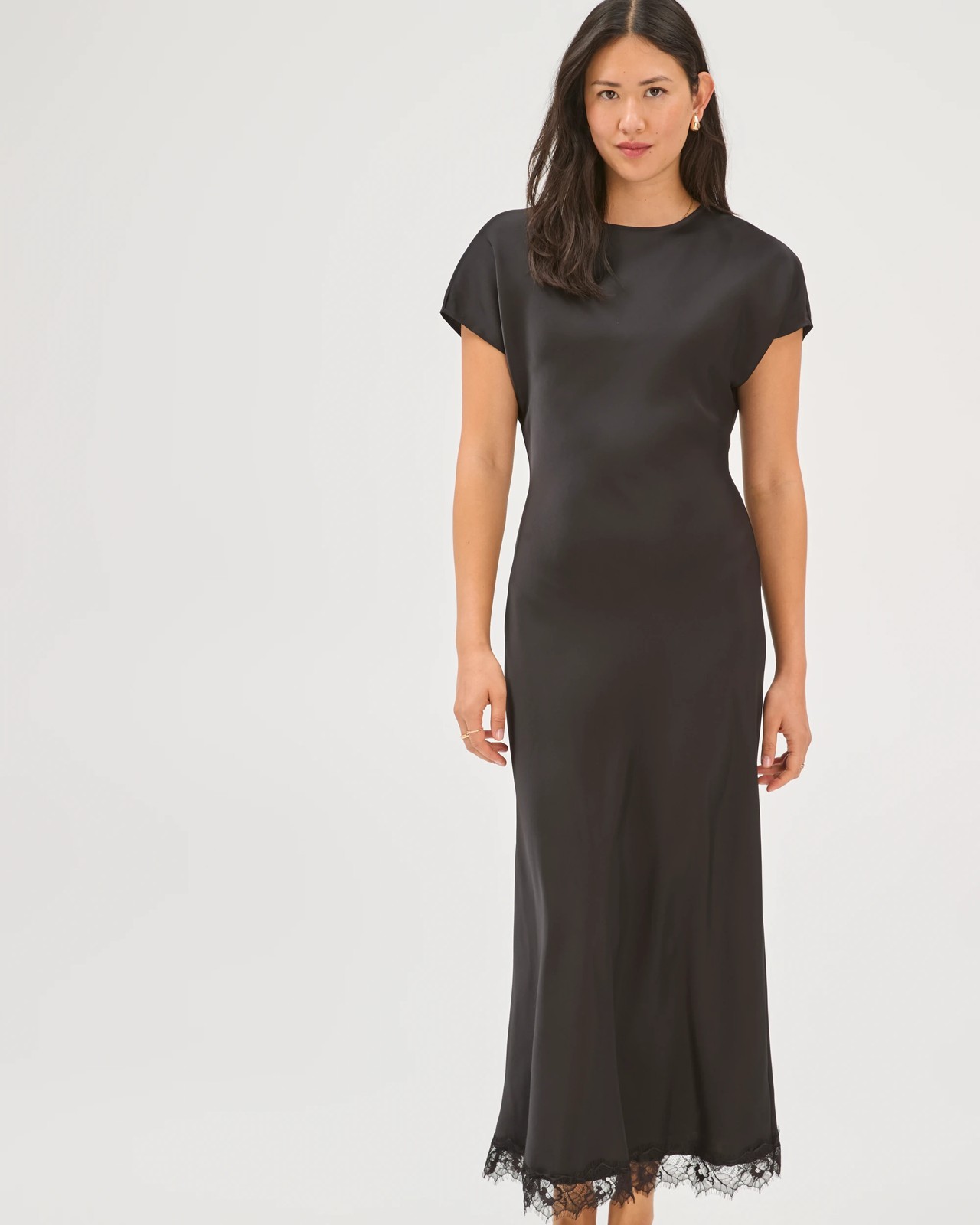 Preview Lace Trim Satin Midi Dress - Black 6 of 6