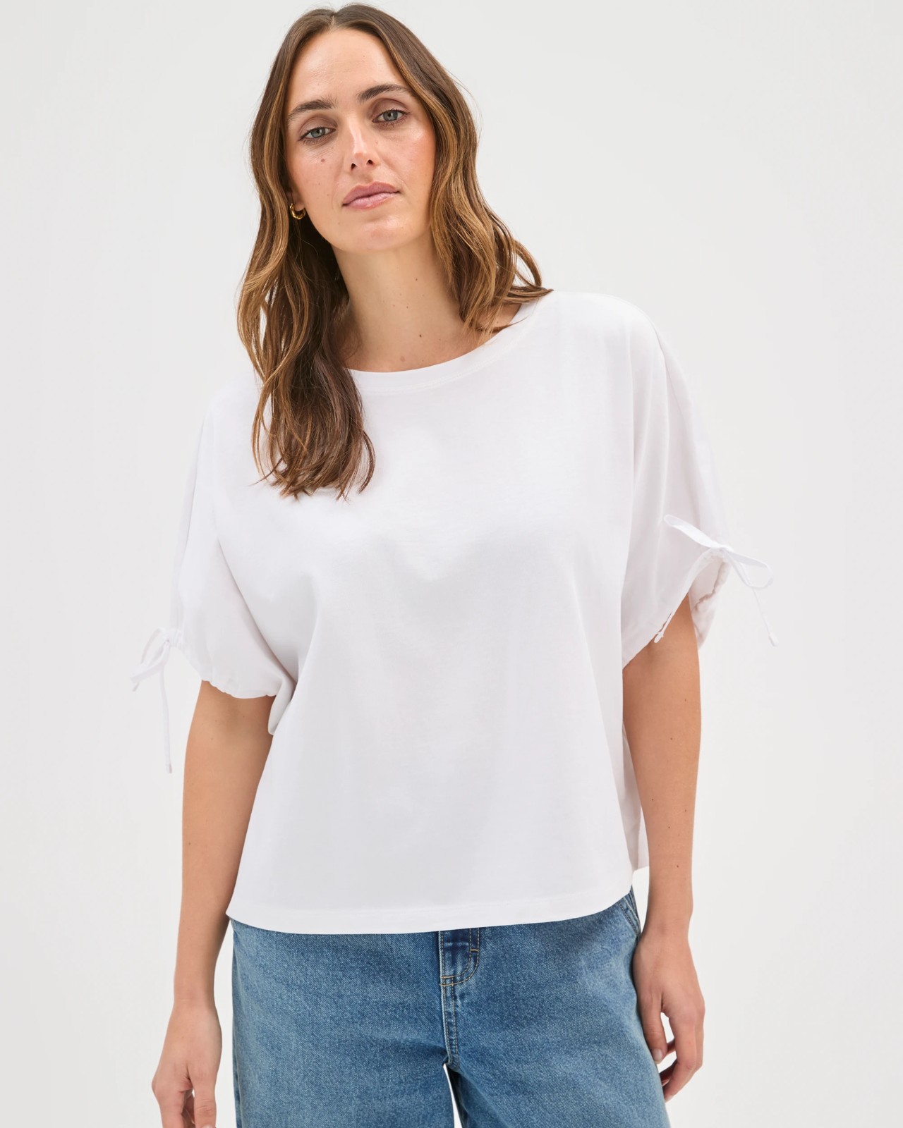 Australian Cotton Gathered Sleeve Cocoon T-Shirt - White 3 of 5