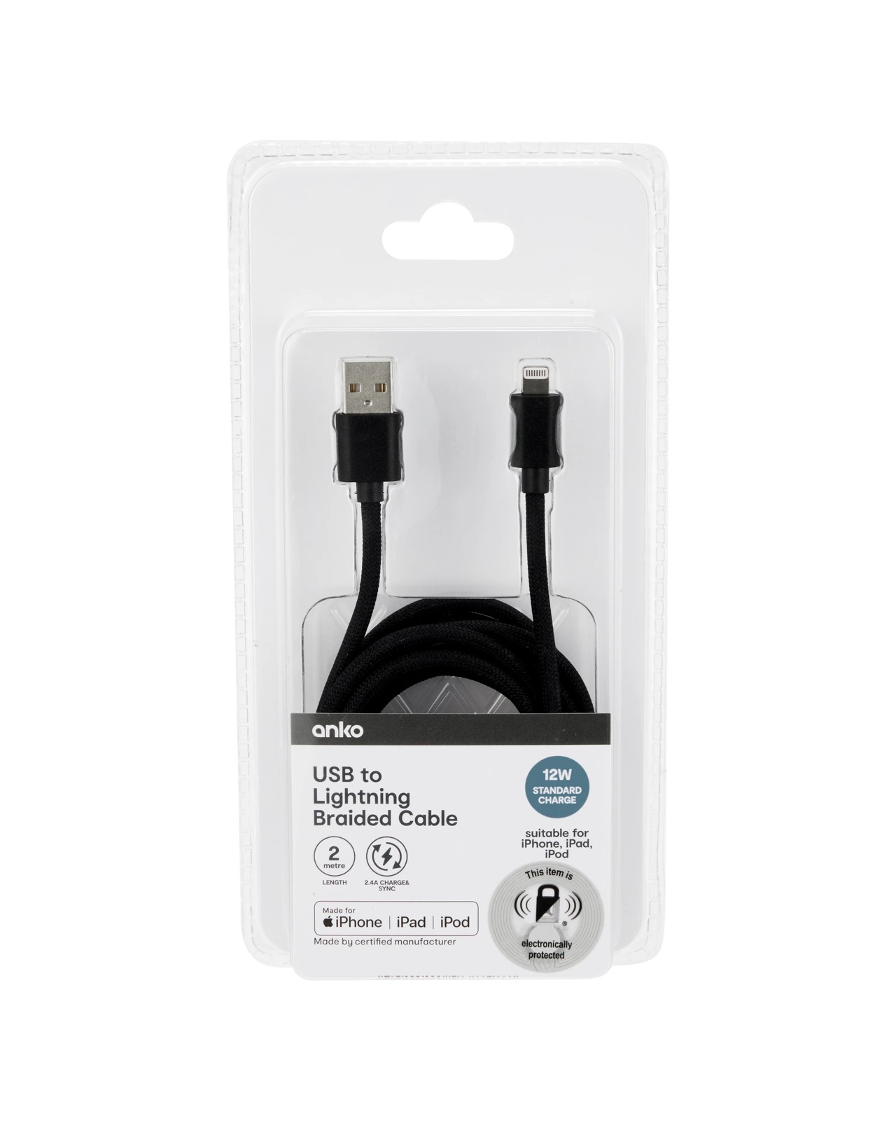 Anko USB to Lightning Braided Cable - 2m - Black 4 of 4