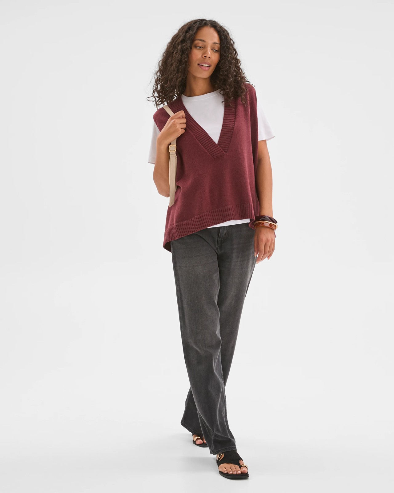 Australian Cotton Blend Deep V-Neck Oversized Knit Vest - Burgundy 2 of 5